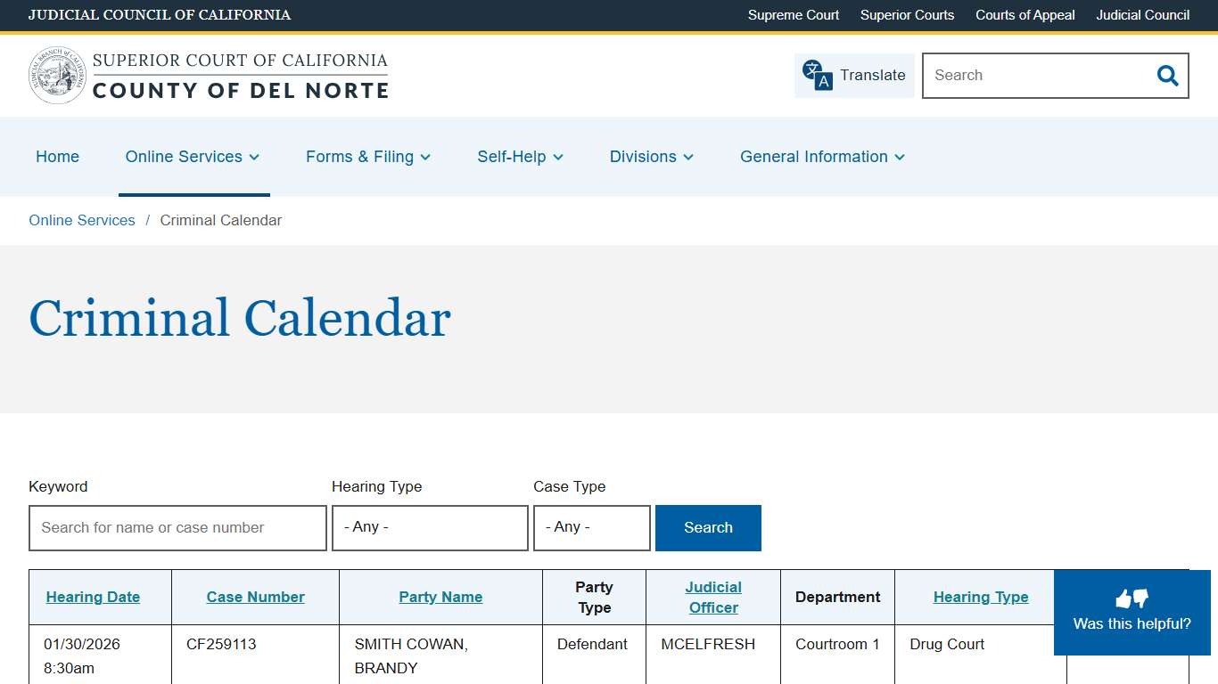 Criminal Calendar Superior Court of California County of Del Norte
